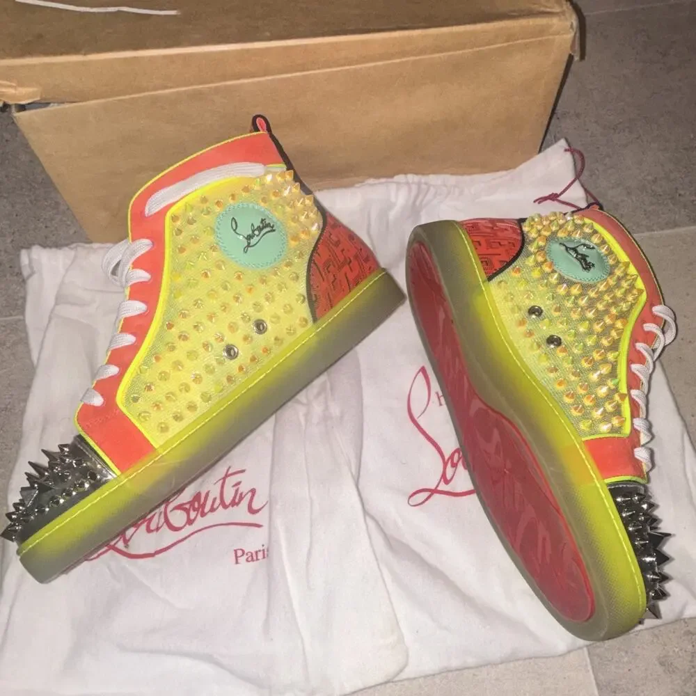 Christian Louboutin Men’s Multicolor Mesh Spiked High-Top Sneakers EU 43